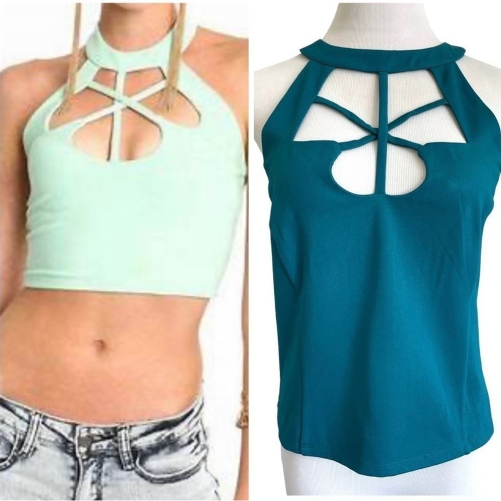 FOREVER21 Jewel Neckline Cutout Cage Teal Crop Top 2XL NWT